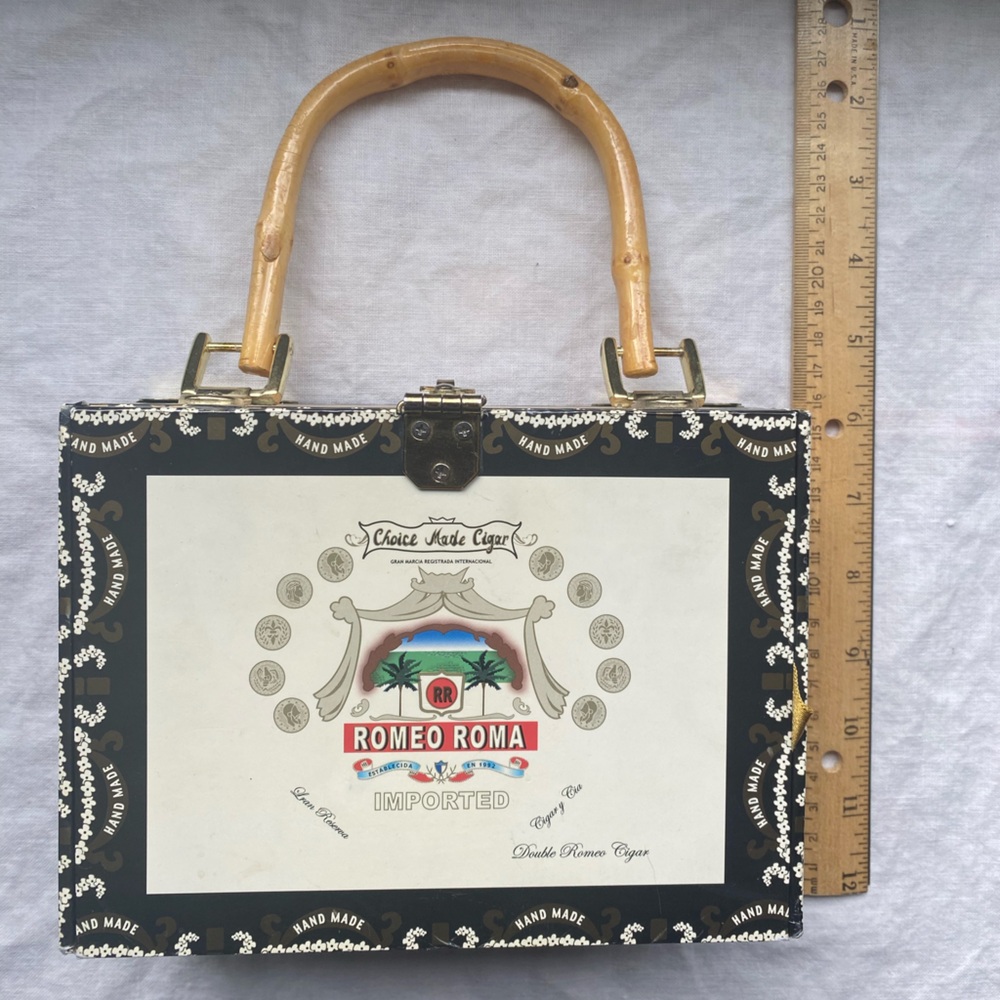Colorful Black and White Beaded Cigar Box Clutch with Bamboo Handle